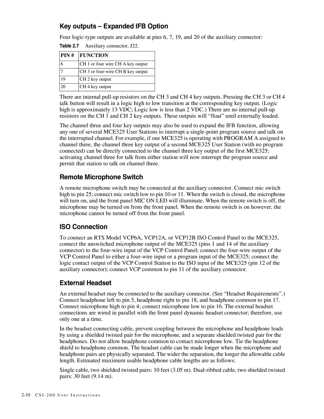 Telex MCE325 manual Key outputs Expanded IFB Option, Remote Microphone Switch, ISO Connection, External Headset 