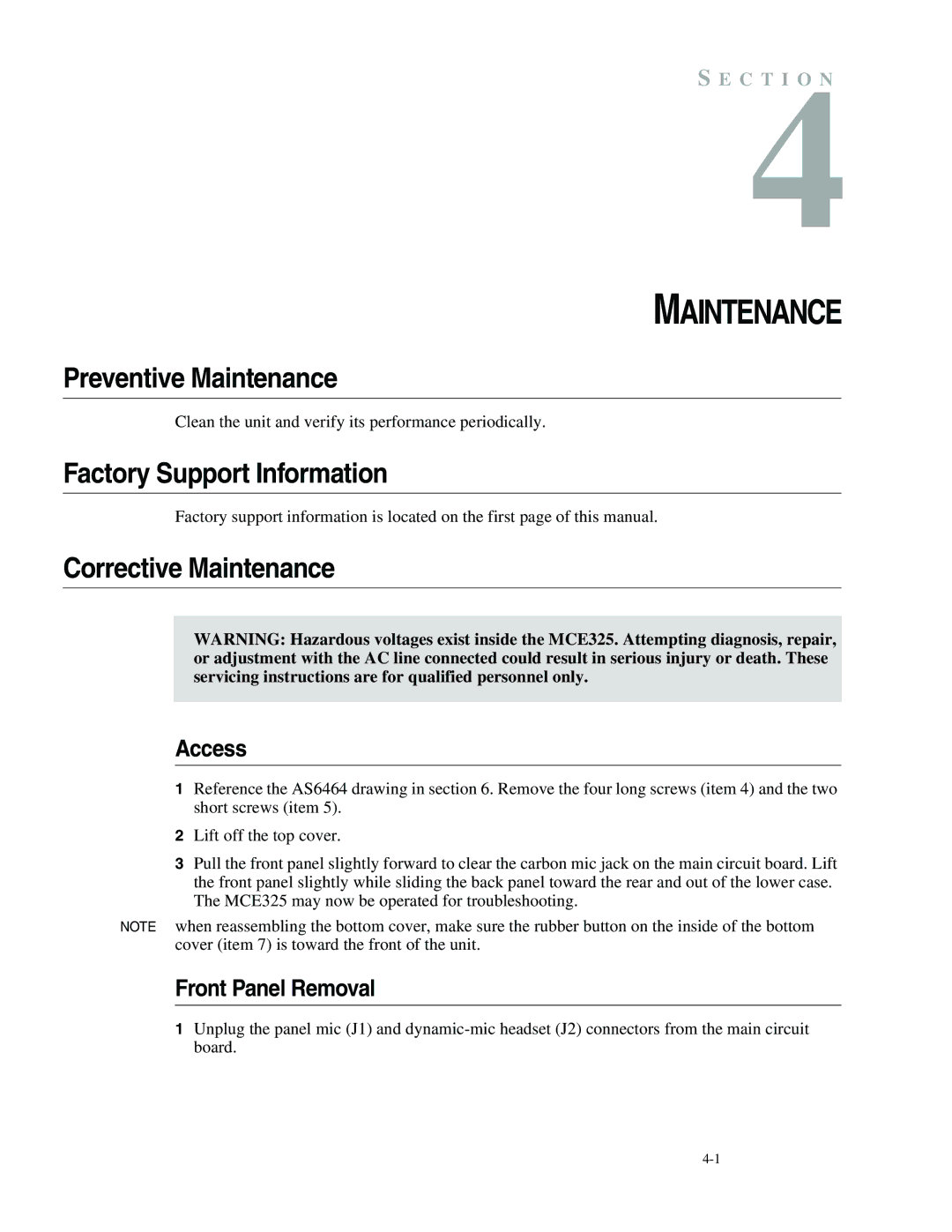 Telex MCE325 Preventive Maintenance, Factory Support Information, Corrective Maintenance, Access, Front Panel Removal 