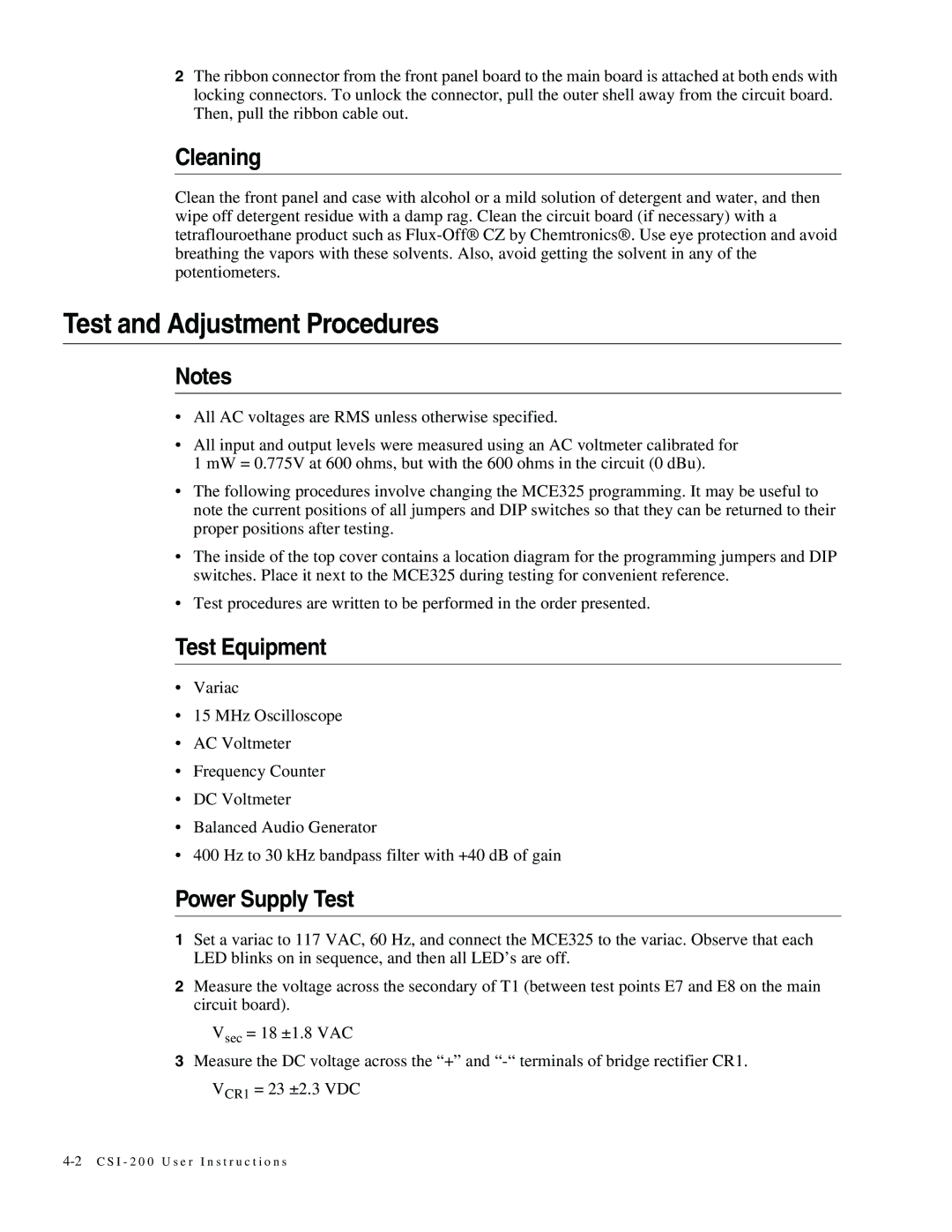 Telex MCE325 manual Test and Adjustment Procedures, Cleaning, Test Equipment, Power Supply Test 