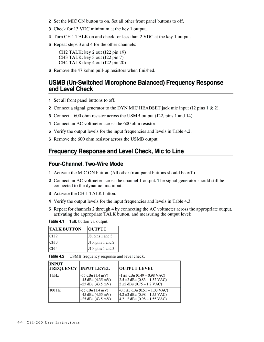 Telex MCE325 manual Frequency Response and Level Check, Mic to Line, Four-Channel, Two-Wire Mode 