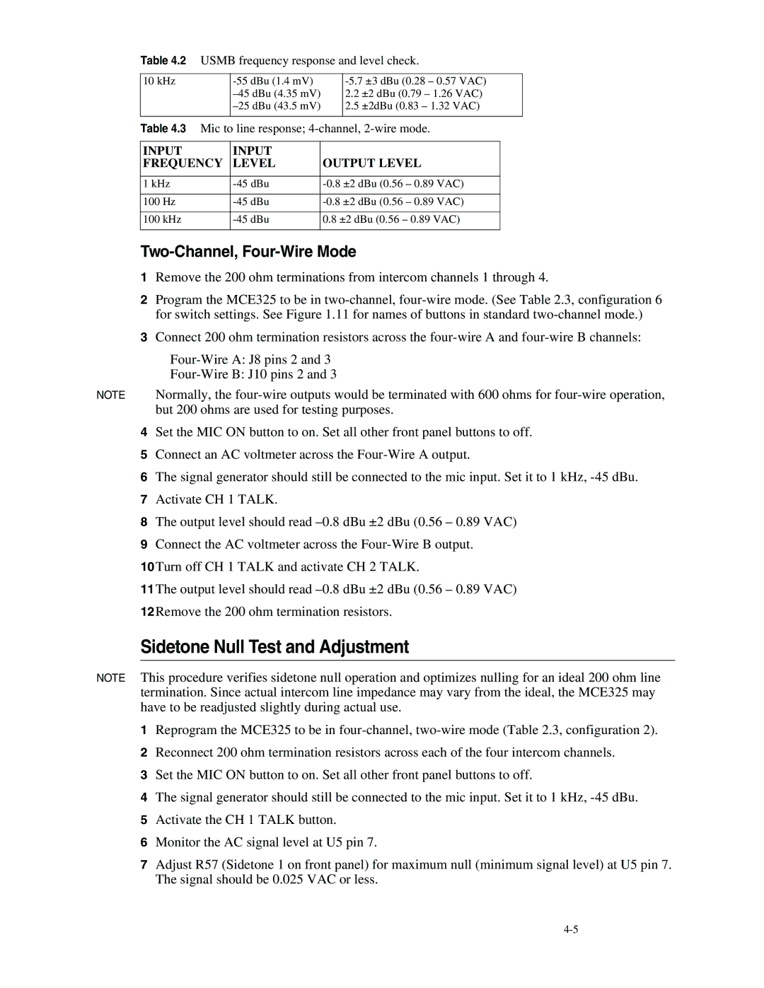 Telex MCE325 manual Sidetone Null Test and Adjustment, Two-Channel, Four-Wire Mode 