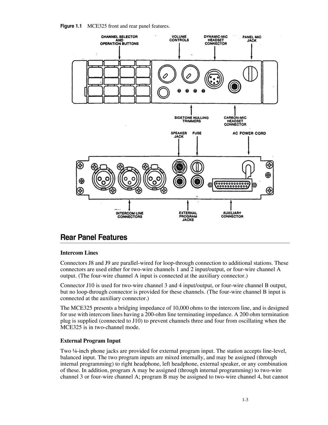 Telex MCE325 manual Rear Panel Features, Intercom Lines, External Program Input 