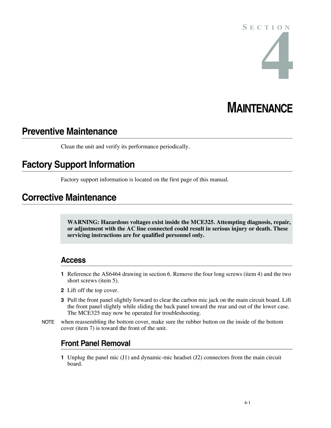 Telex MCE325 Preventive Maintenance, Factory Support Information, Corrective Maintenance, Access, Front Panel Removal 