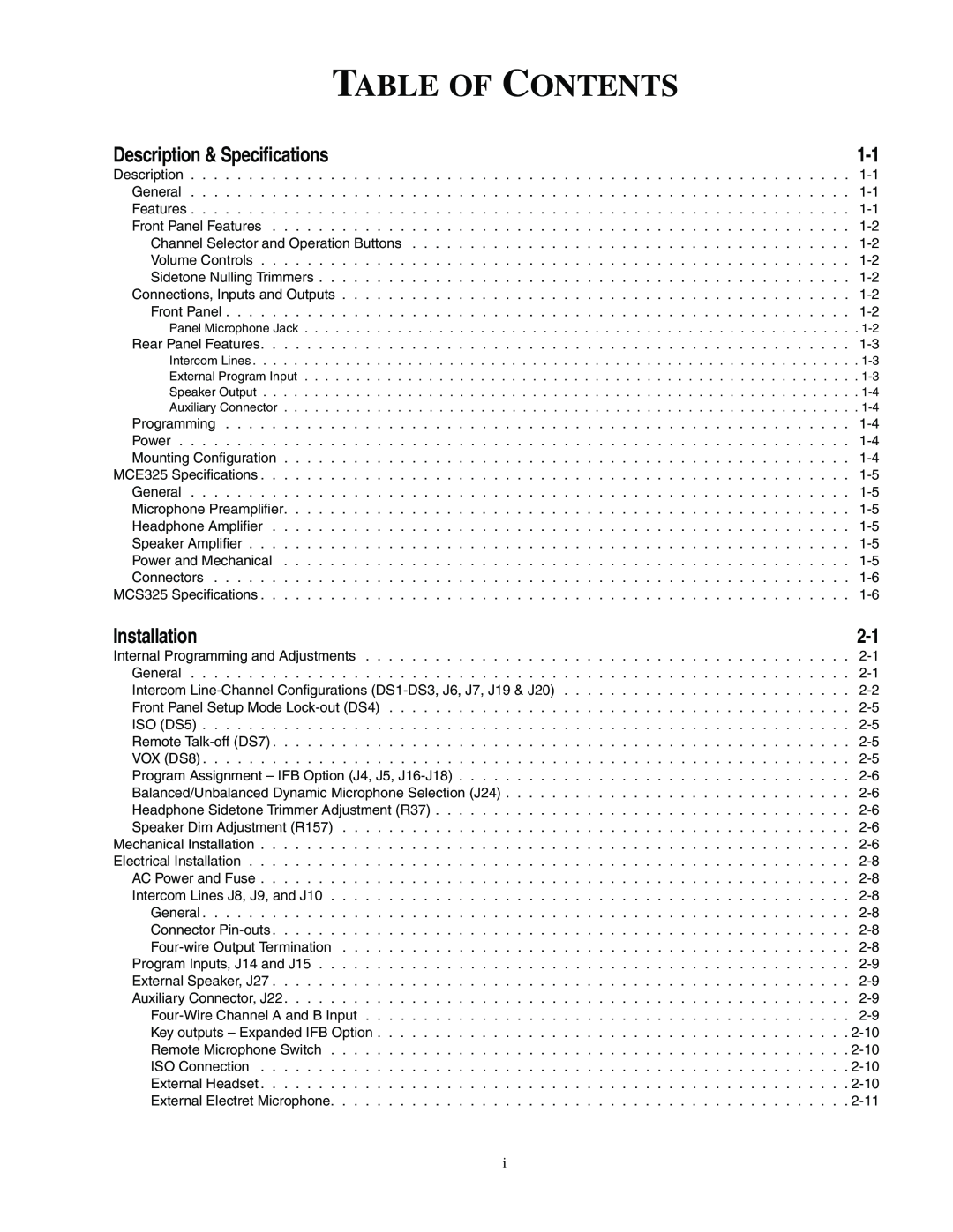 Telex MCE325 manual Table Of Contents, Description & Specifications, Installation 