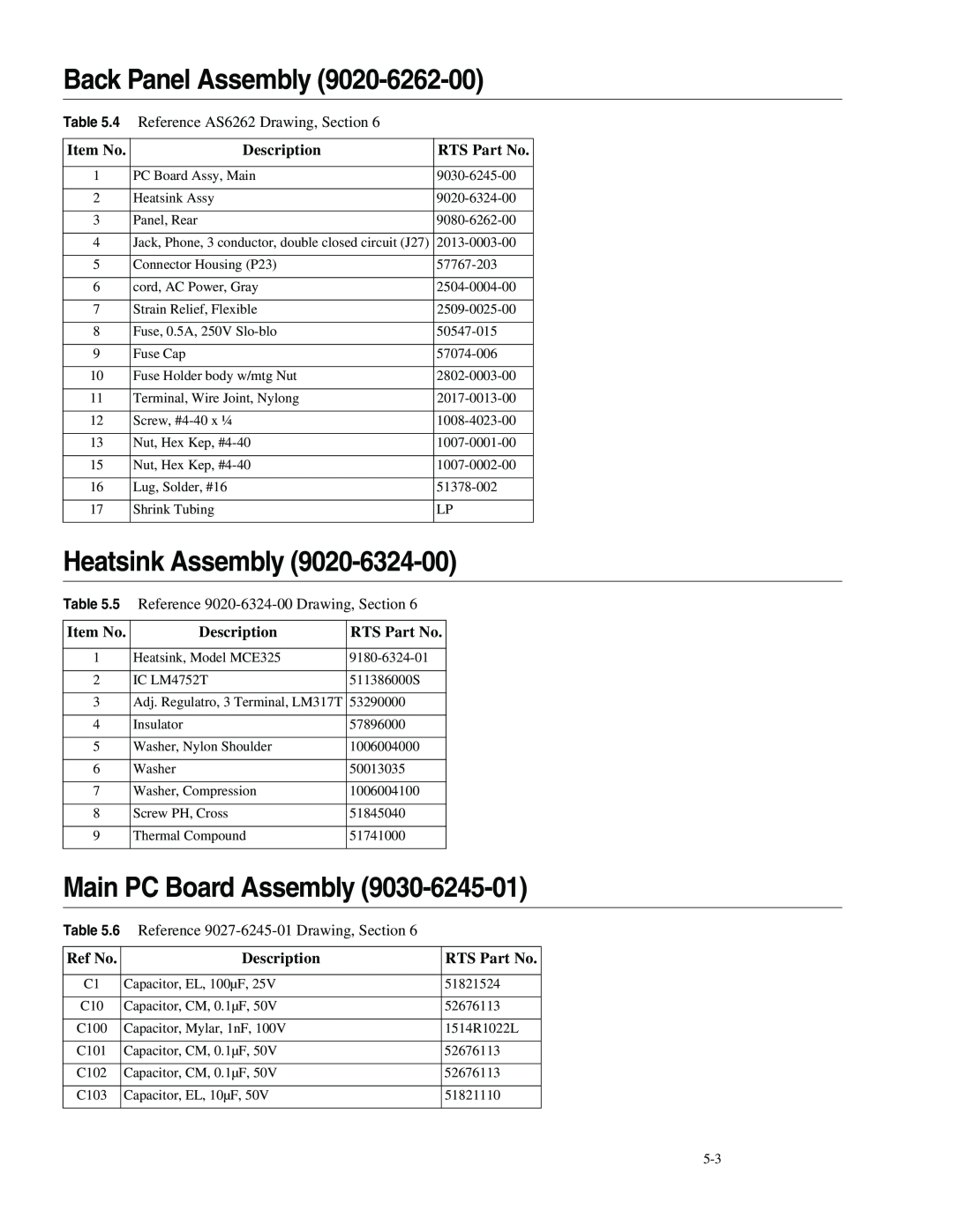 Telex MCE325 Back Panel Assembly, Heatsink Assembly, Main PC Board Assembly, Item No, Description, RTS Part No, Ref No 