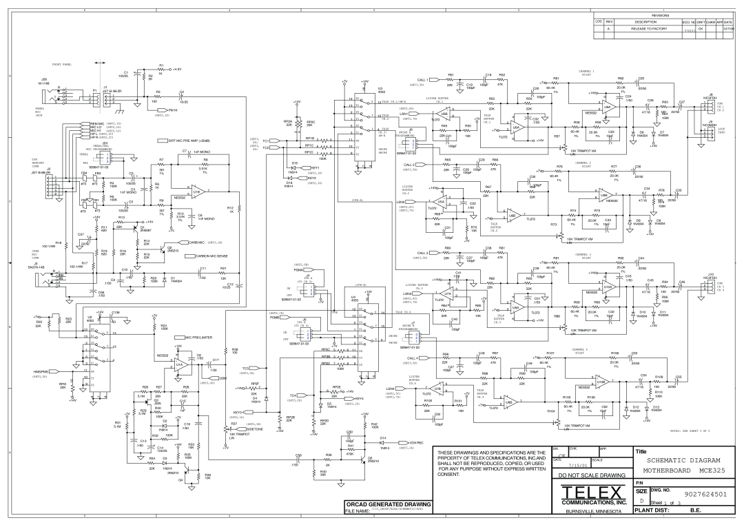 Telex MCE325 Schematic Diagram, Motherboard, 9027624501, Title, Size, Orcad Generated Drawing, Communications, Inc, Telex 
