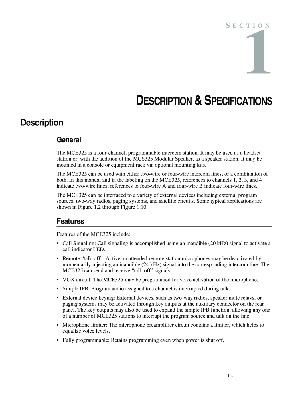 Telex MCE325 manual Description & Specifications, General, Features, S E C T I O N 