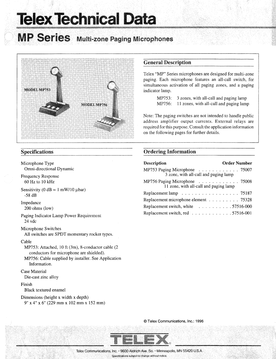 Telex MP756, MP753 manual 