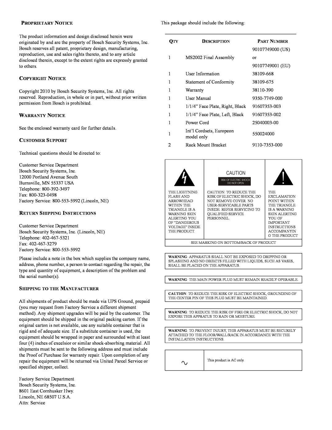 Telex MS-2002 user manual See the enclosed warranty card for further details 