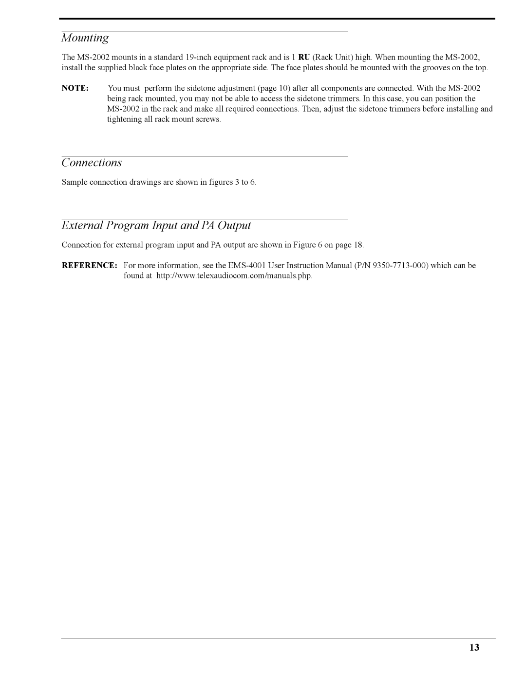 Telex MS-2002 user manual Mounting, Connections, External Program Input and PA Output 