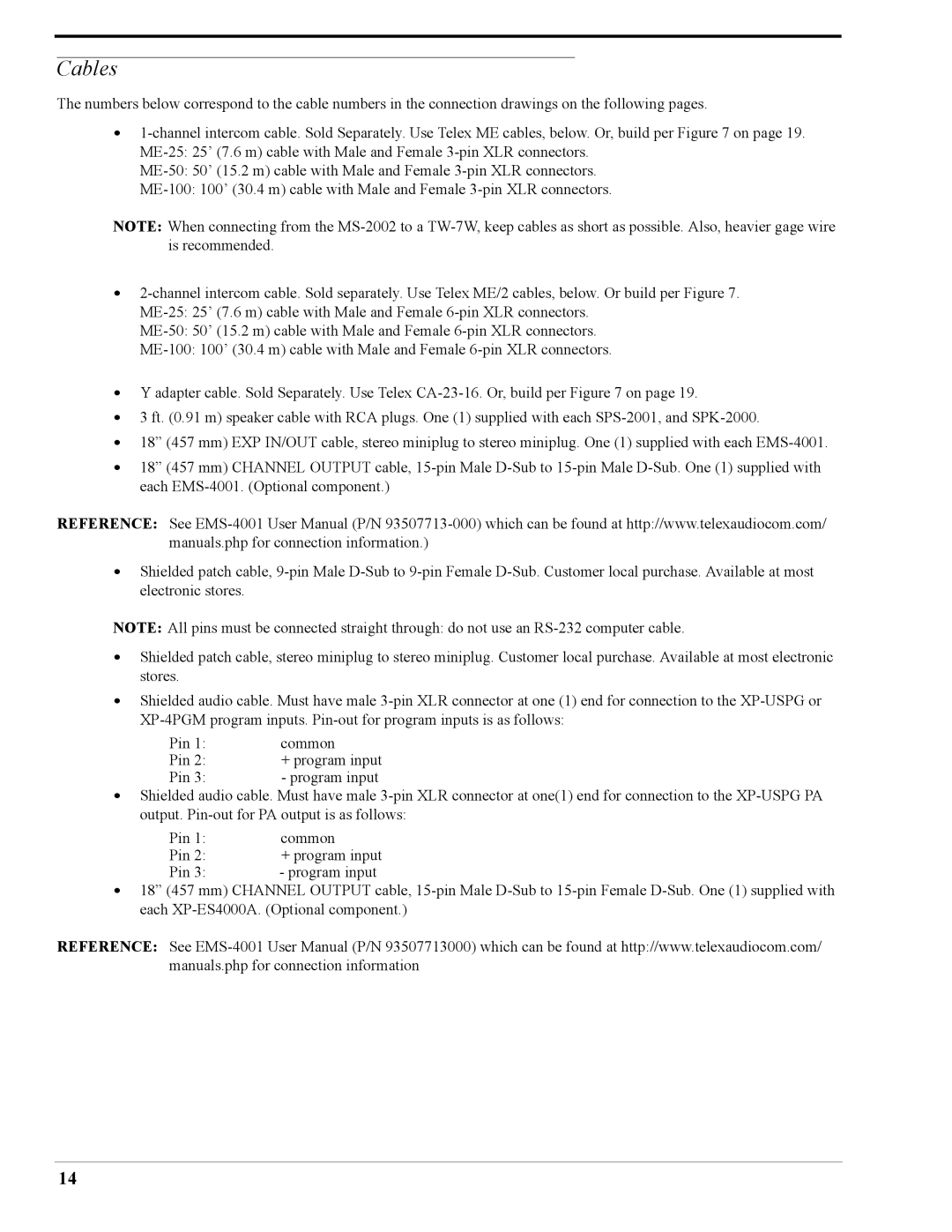 Telex MS-2002 user manual Cables 