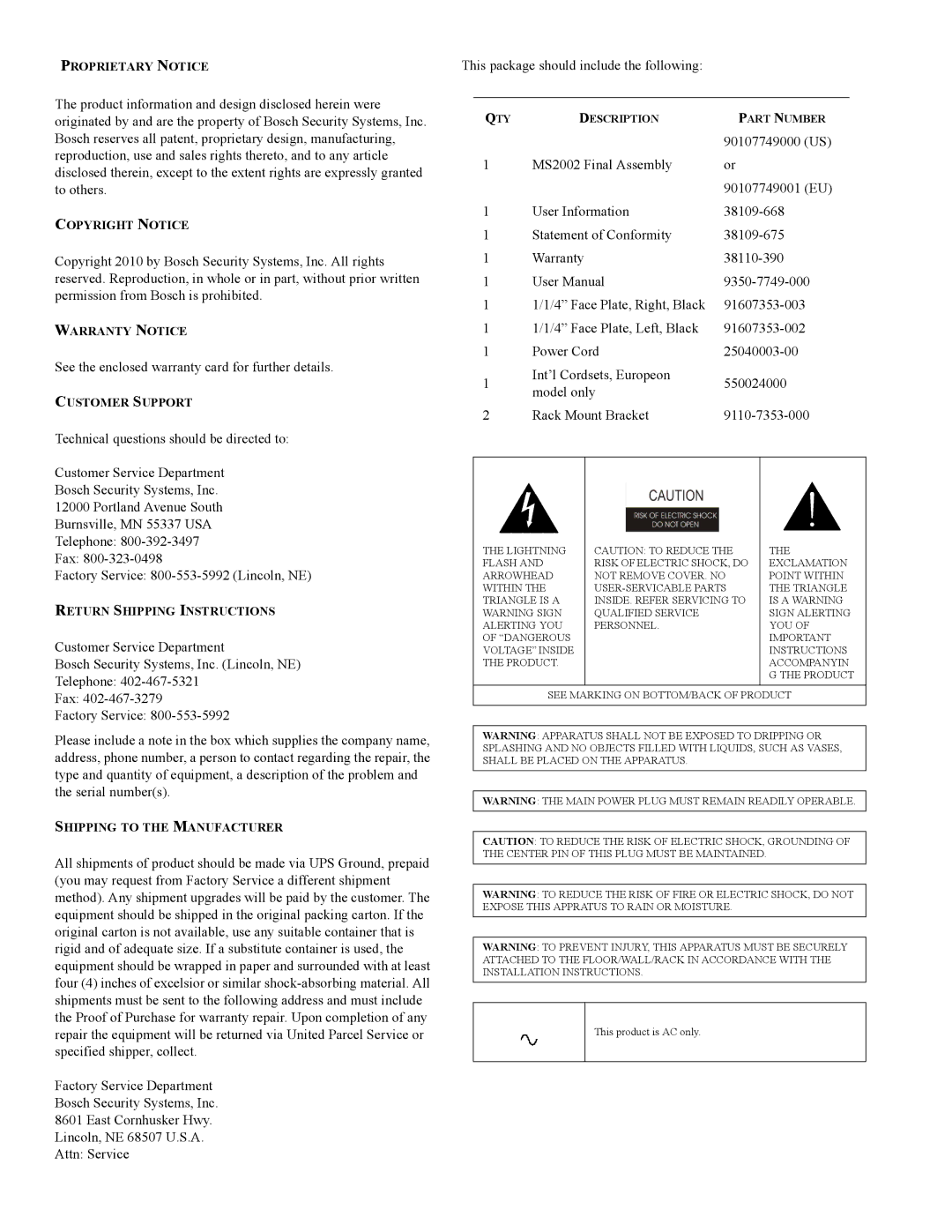 Telex MS-2002 user manual See the enclosed warranty card for further details 