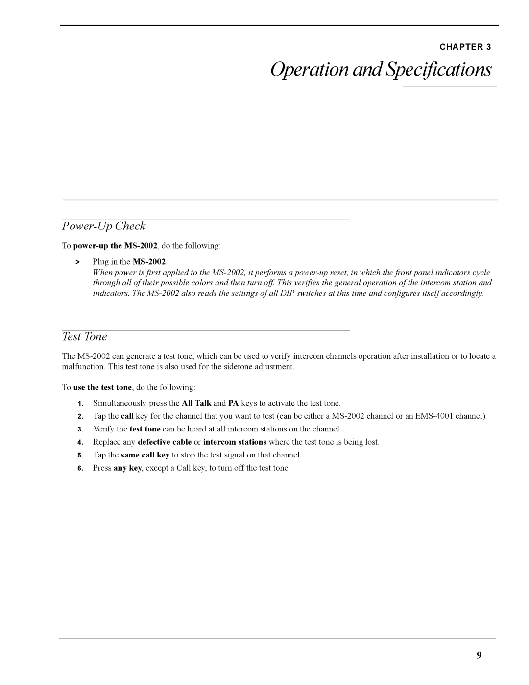 Telex MS-2002 user manual Operation and Specifications, Power-Up Check, Test Tone 