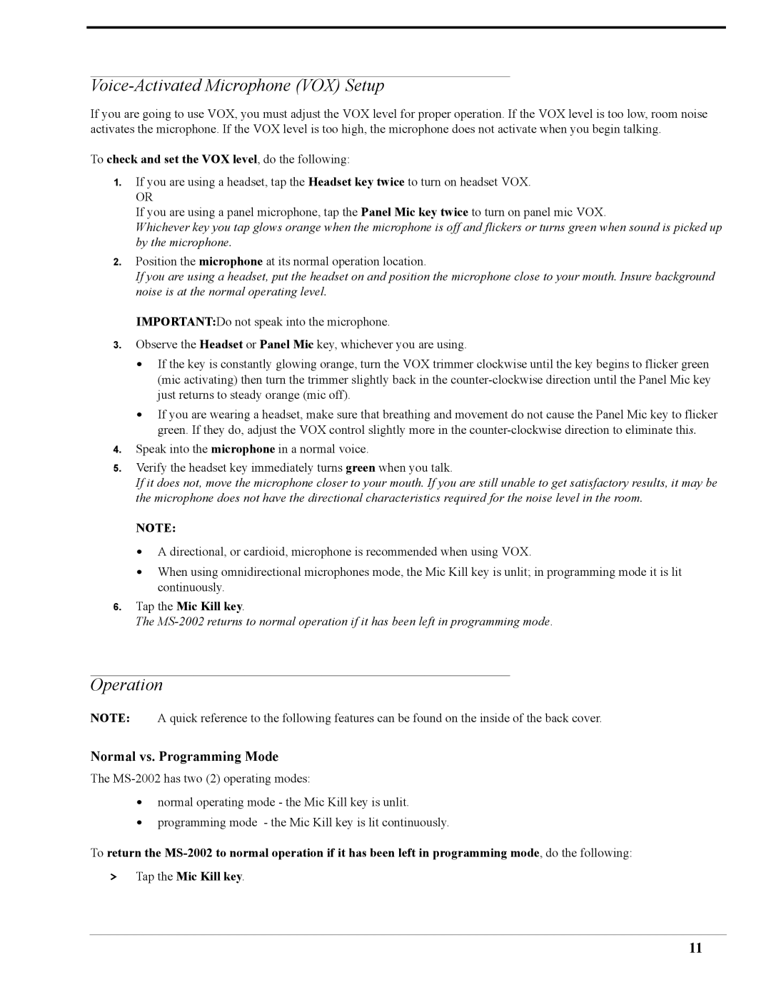 Telex MS-2002 user manual Voice-Activated Microphone VOX Setup, Operation, To check and set the VOX level, do the following 