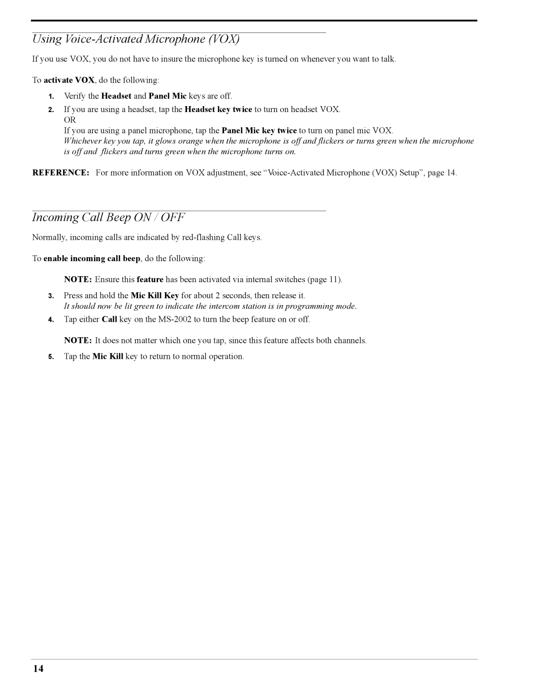 Telex MS-2002 user manual Using Voice-Activated Microphone VOX, Incoming Call Beep on / OFF 