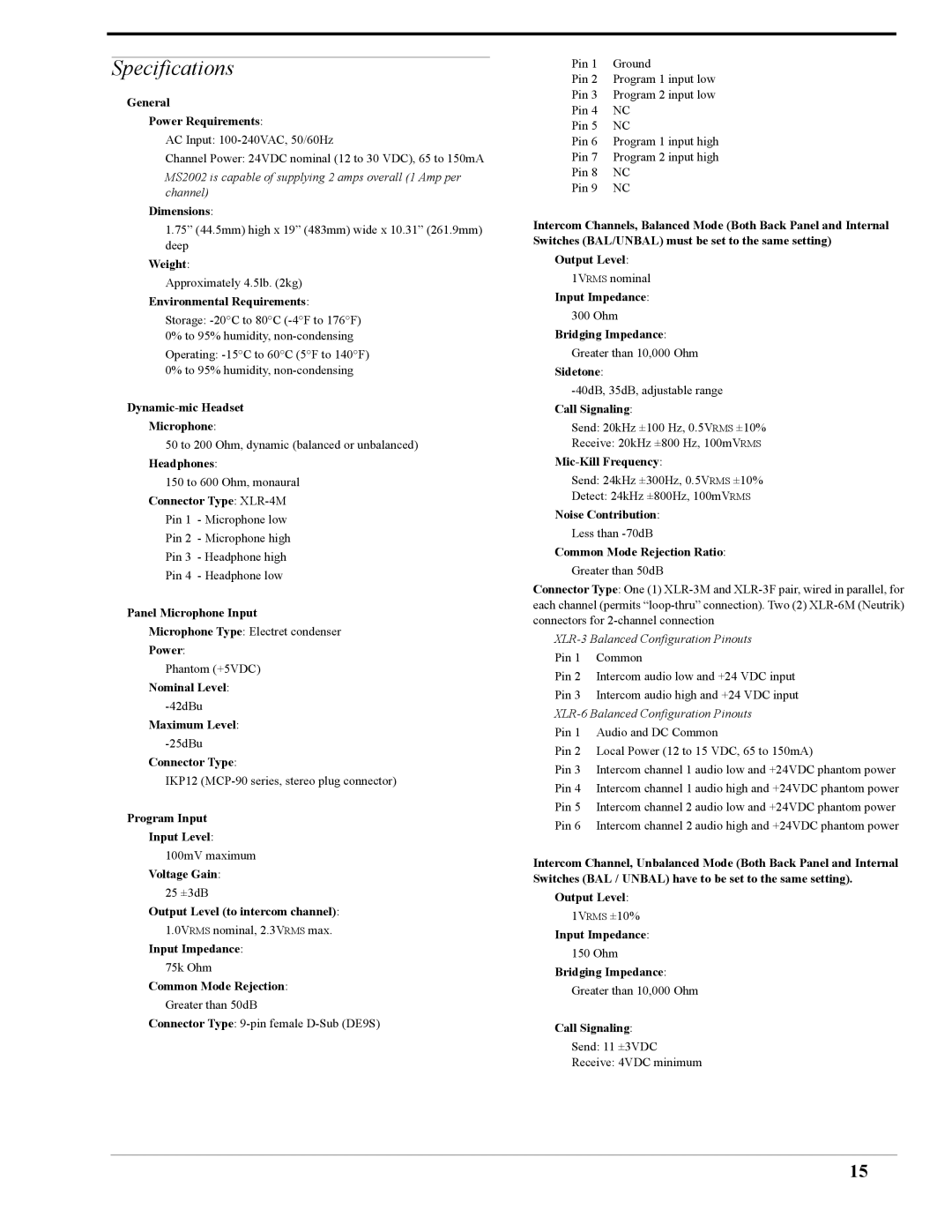 Telex MS-2002 user manual Specifications, General Power Requirements 