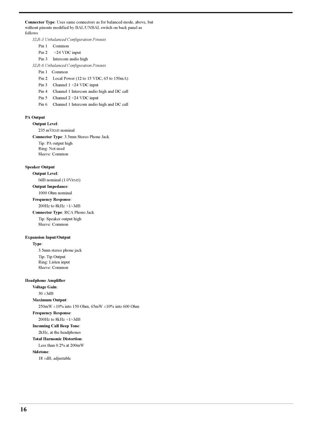 Telex MS-2002 user manual Speaker Output Output Level 