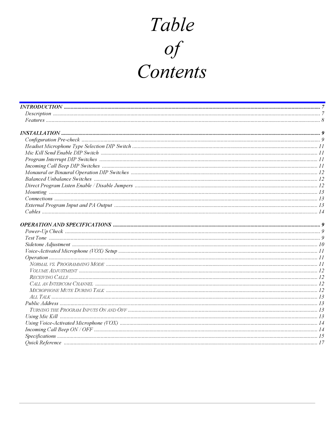 Telex MS-2002 user manual Contents 