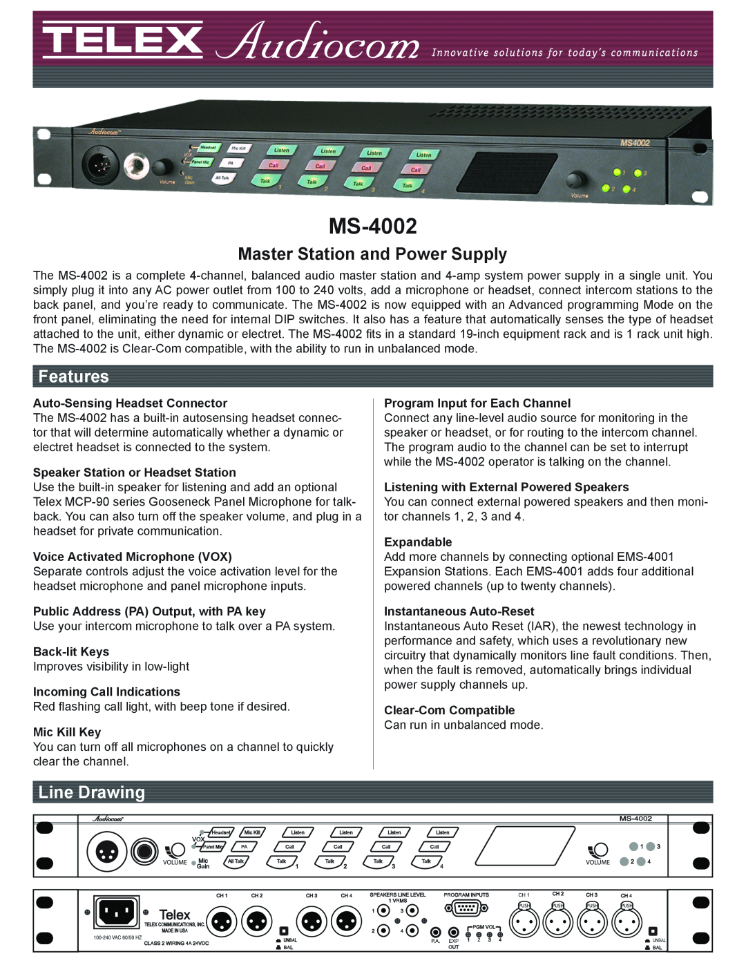 Telex MS-4002 manual Master Station and Power Supply, Features, Line Drawing 