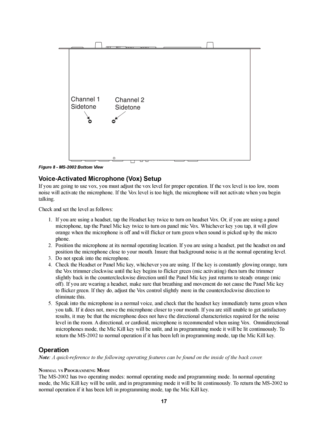 Telex MS2002 manual Voice-Activated Microphone Vox Setup, Operation 