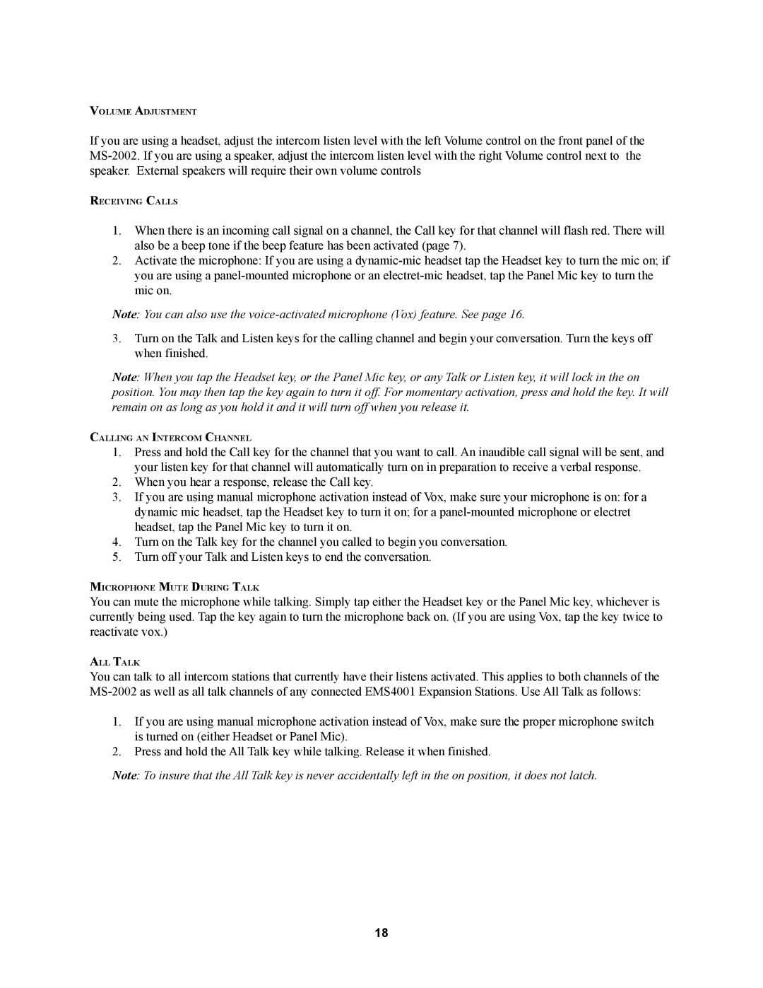 Telex MS2002 manual Volume Adjustment 