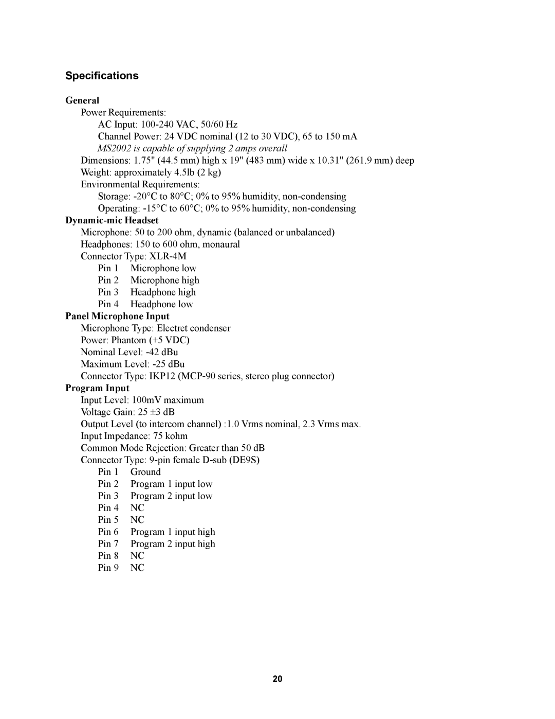 Telex MS2002 manual Specifications, General 