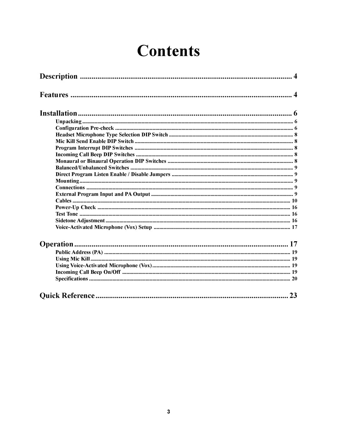 Telex MS2002 manual Contents 