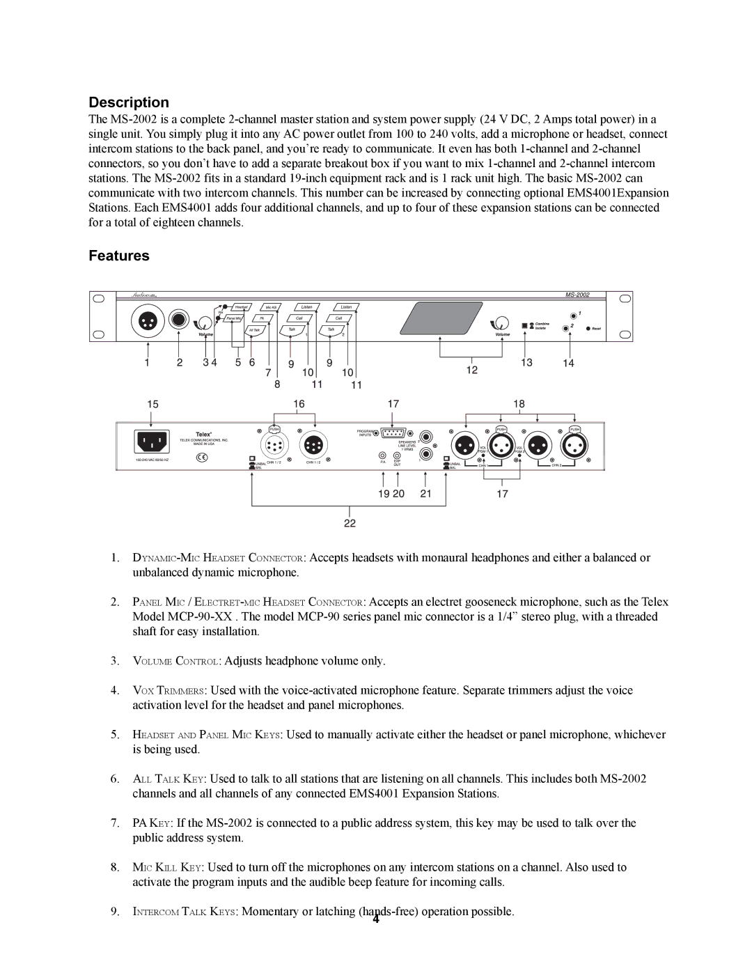 Telex MS2002 manual Description, Features 