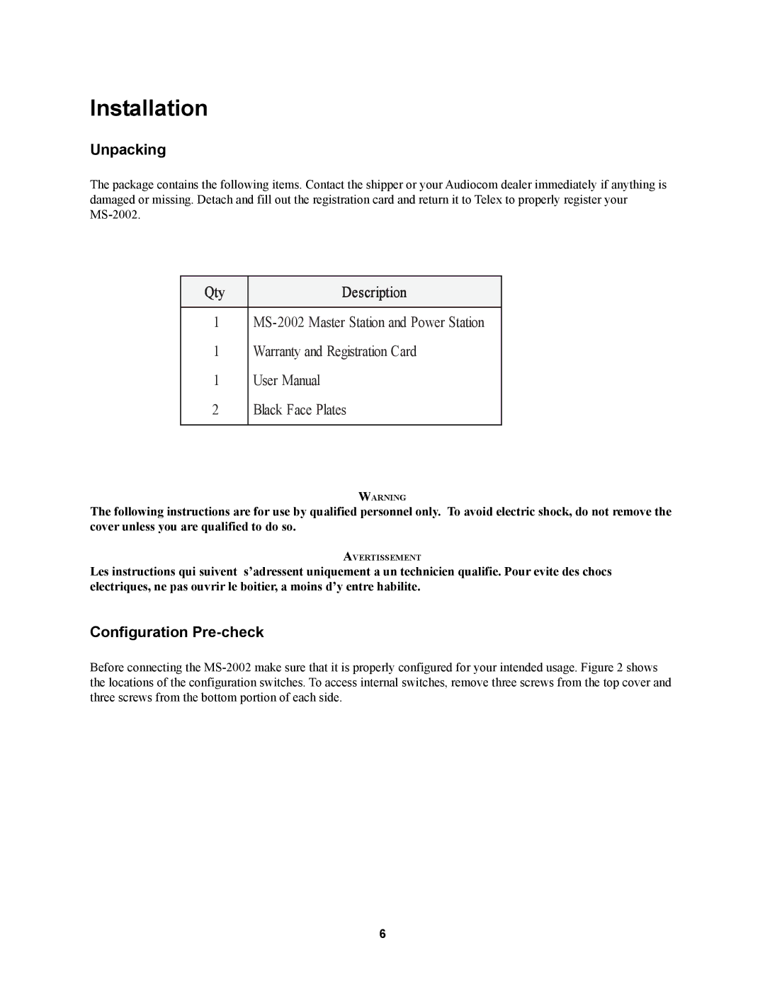 Telex MS2002 manual Unpacking, Configuration Pre-check 