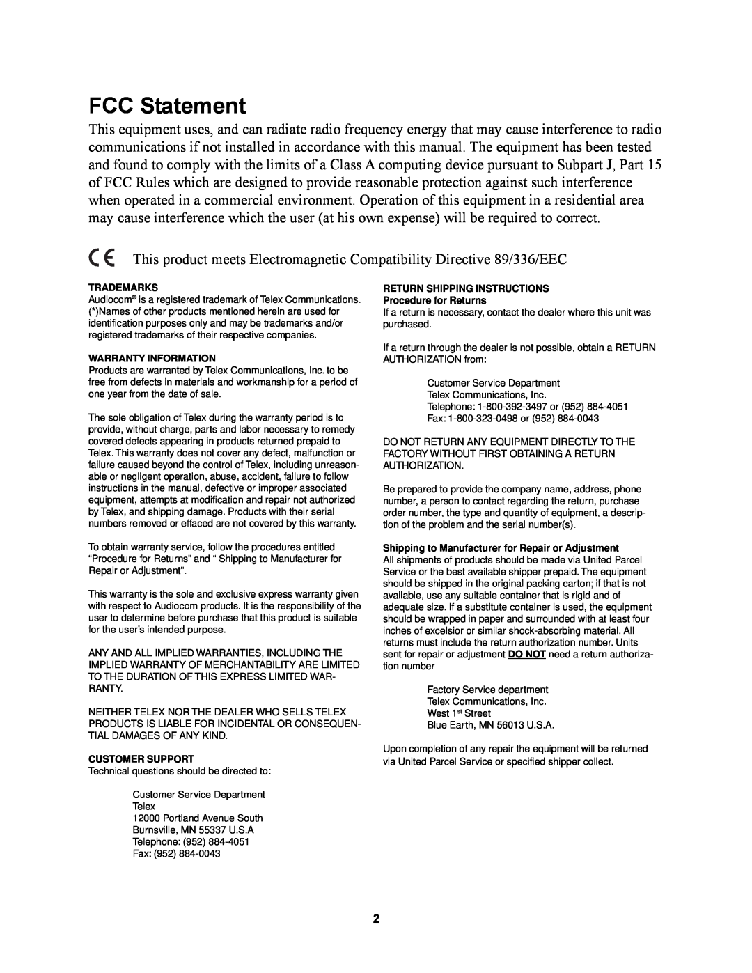 Telex MS2002 manual FCC Statement, Trademarks, Warranty Information, Customer Support 