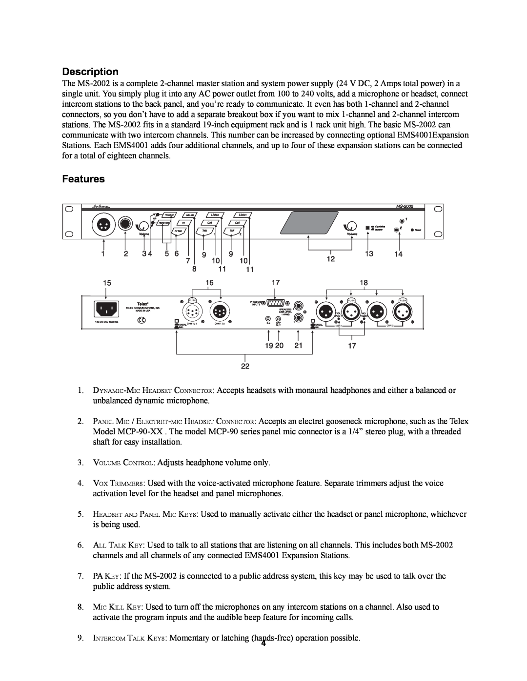Telex MS2002 manual Description, Features 