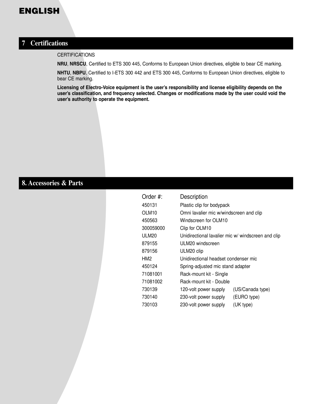 Telex N/DYM SERIES manual Certifications, Accessories & Parts 