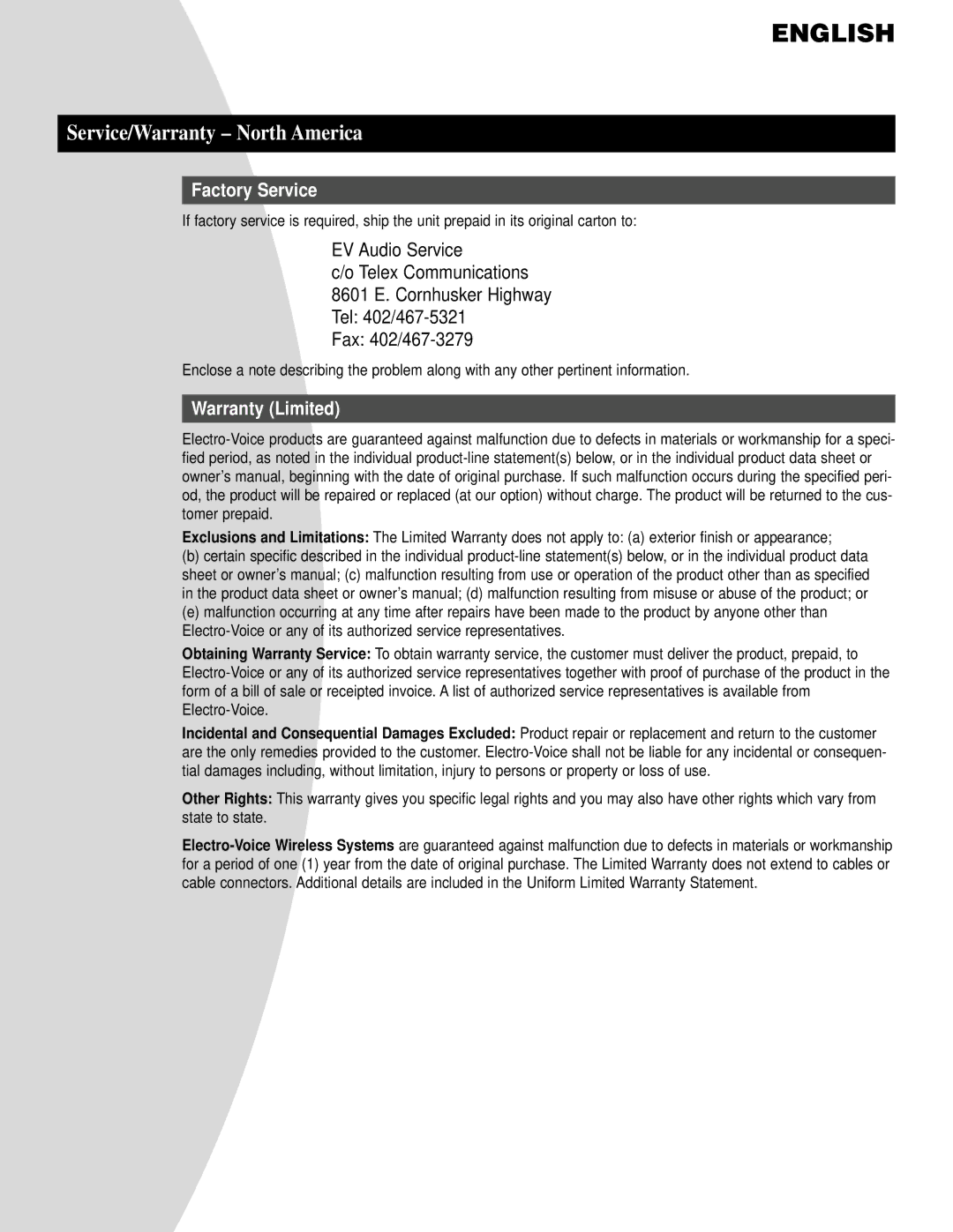 Telex N/DYM SERIES manual Service/Warranty North America 