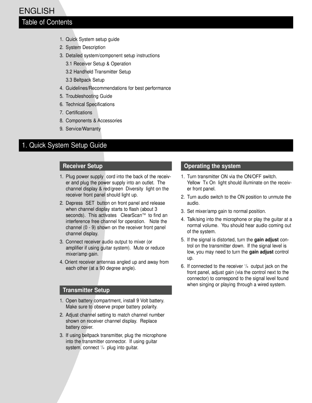 Telex N/DYM SERIES manual Table of Contents, Quick System Setup Guide 