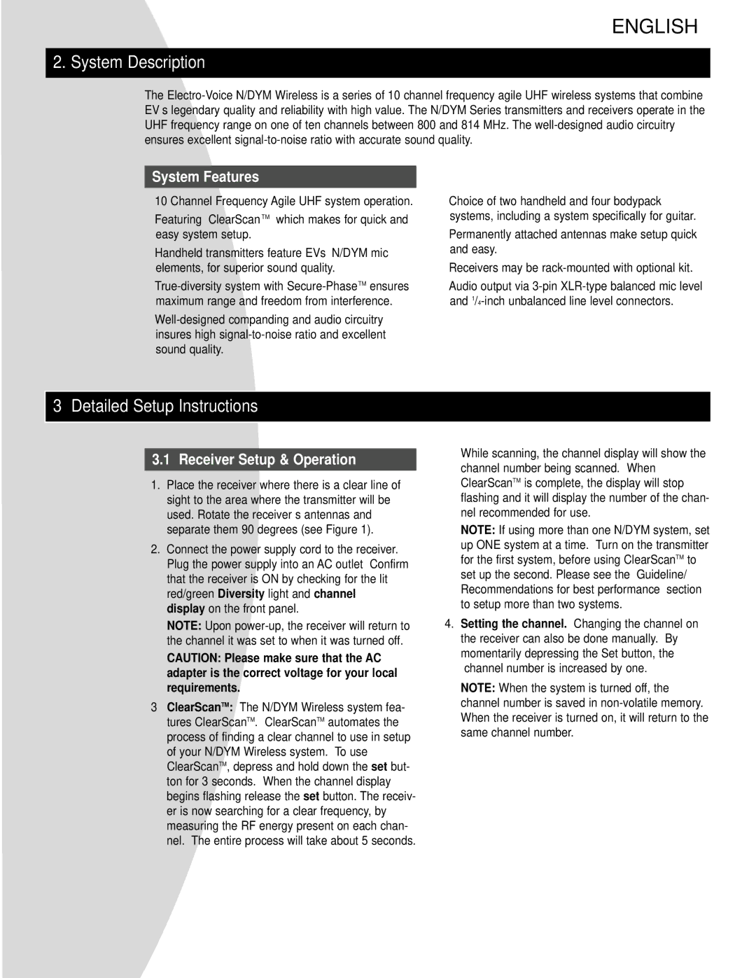 Telex N/DYM SERIES manual System Description, Detailed Setup Instructions, System Features, Receiver Setup & Operation 