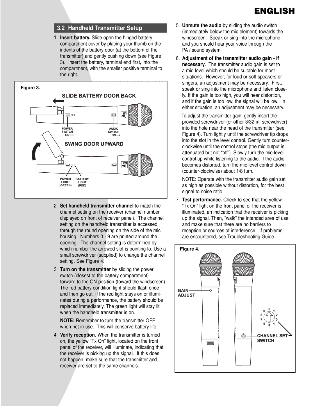 Telex N/DYM SERIES manual Handheld Transmitter Setup, PA / sound system 