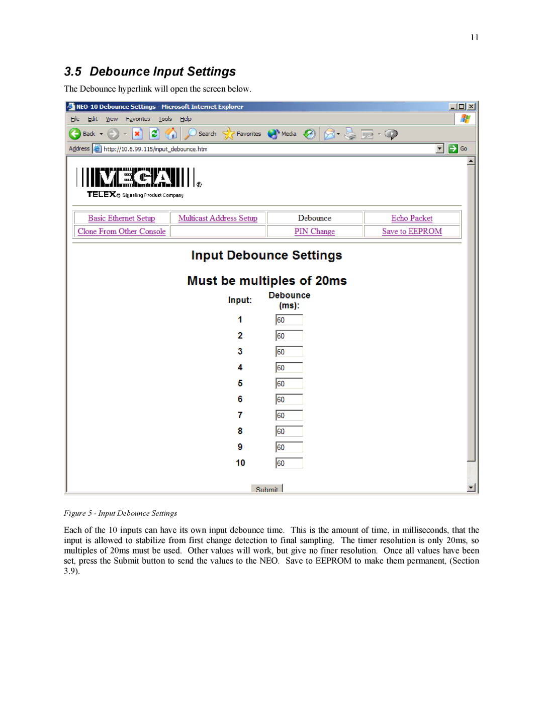 Telex NEO-10 technical manual Debounce Input Settings, Input Debounce Settings 