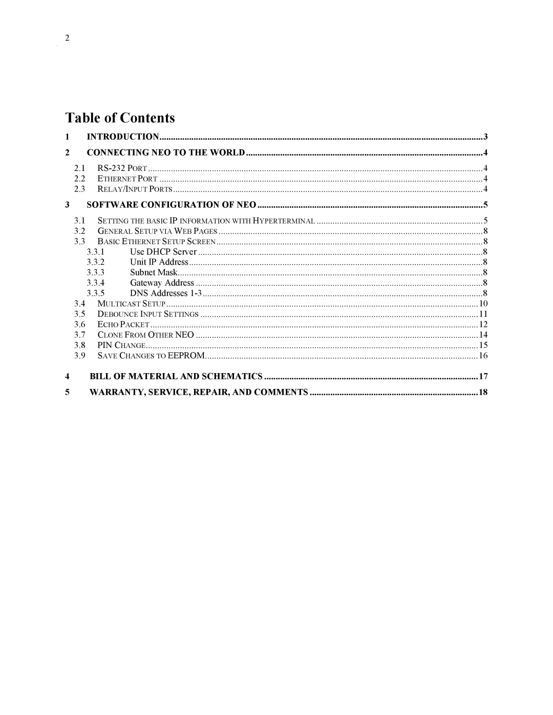 Telex NEO-10 technical manual Table of Contents 