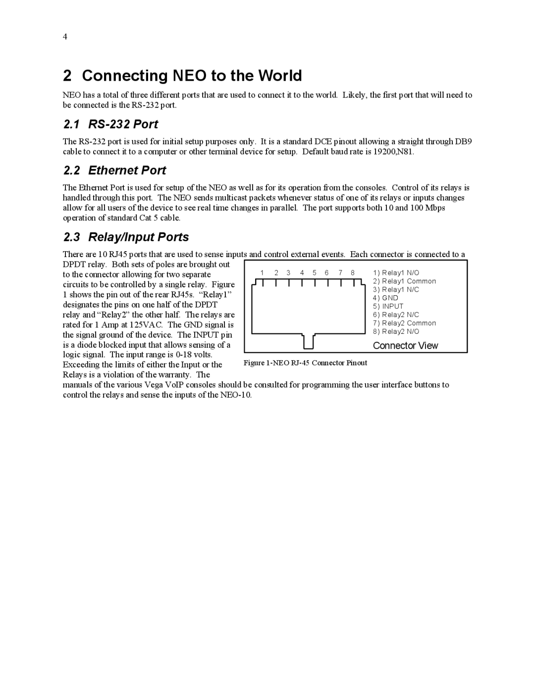 Telex NEO-10 technical manual RS-232 Port, Ethernet Port, Relay/Input Ports 