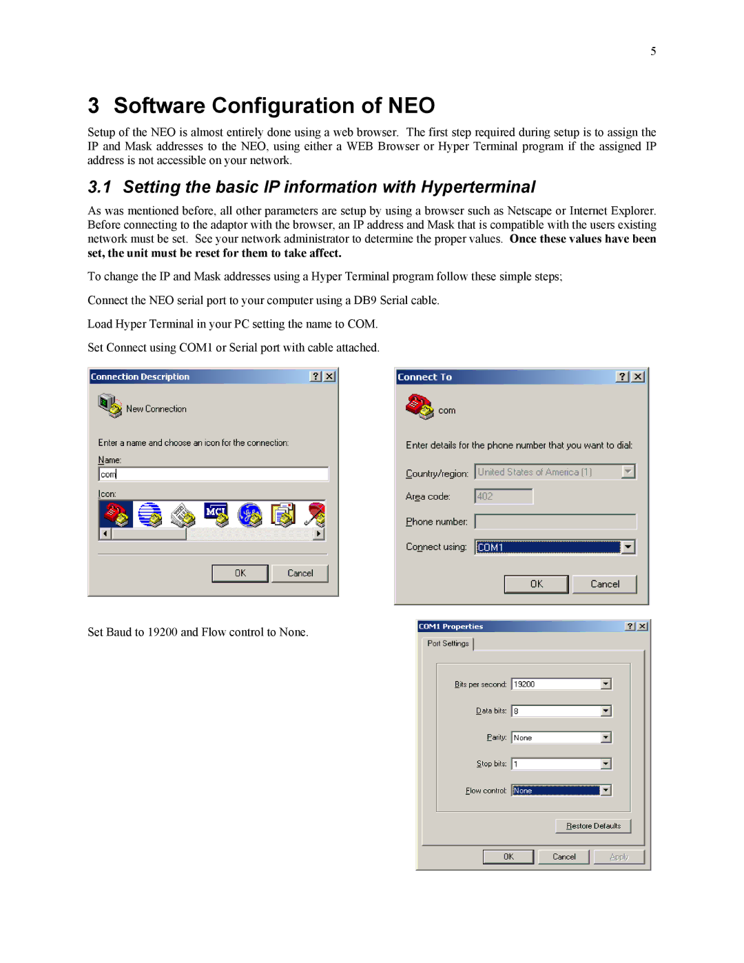 Telex NEO-10 technical manual Software Configuration of NEO, Setting the basic IP information with Hyperterminal 