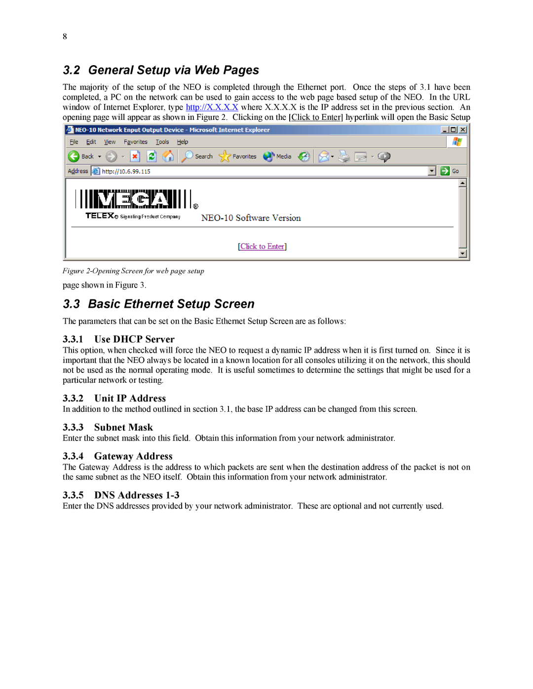 Telex NEO-10 technical manual General Setup via Web Pages, Basic Ethernet Setup Screen 