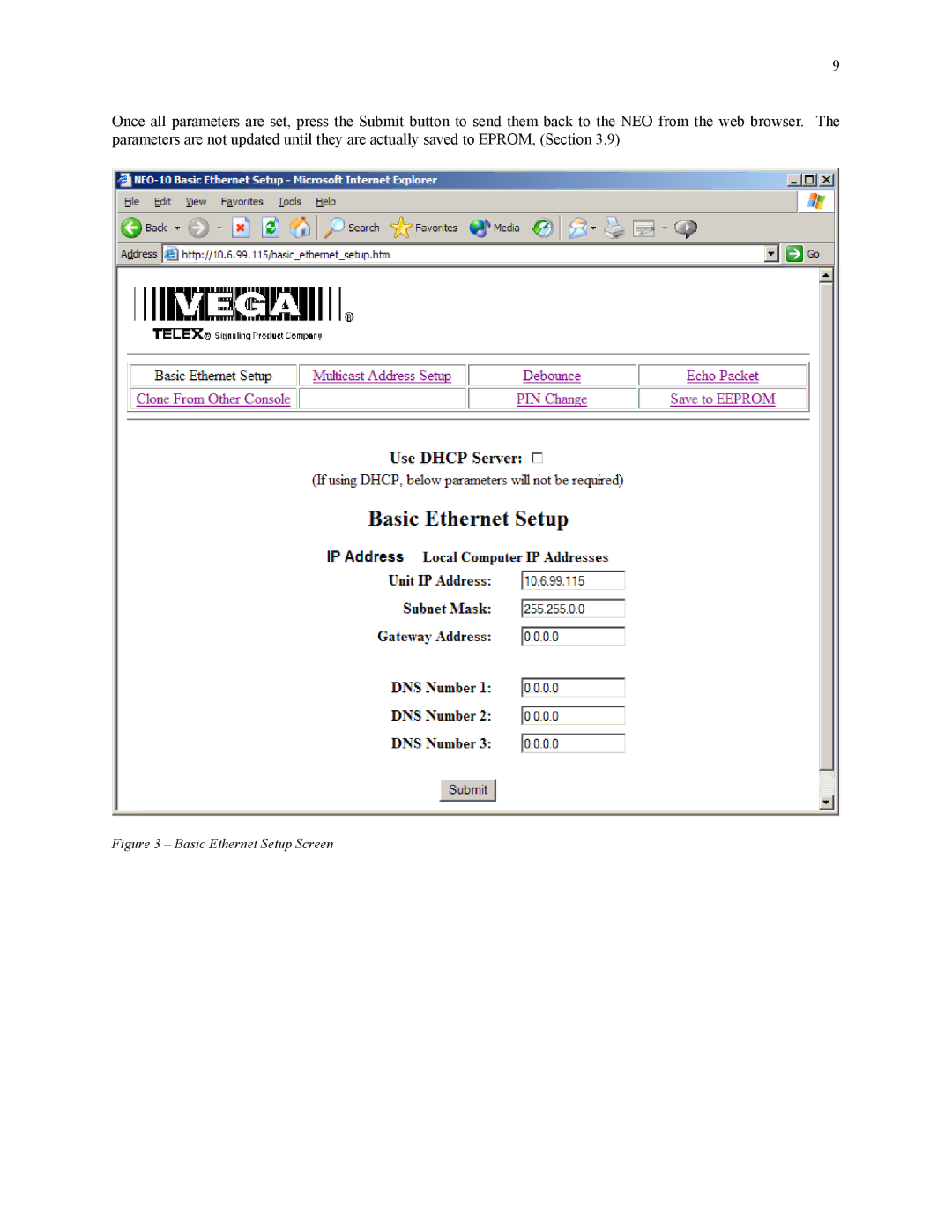 Telex NEO-10 technical manual Basic Ethernet Setup Screen 