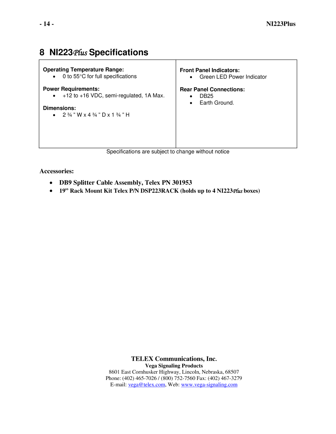 Telex NI-223 Plus technical manual Accessories DB9 Splitter Cable Assembly, Telex PN 