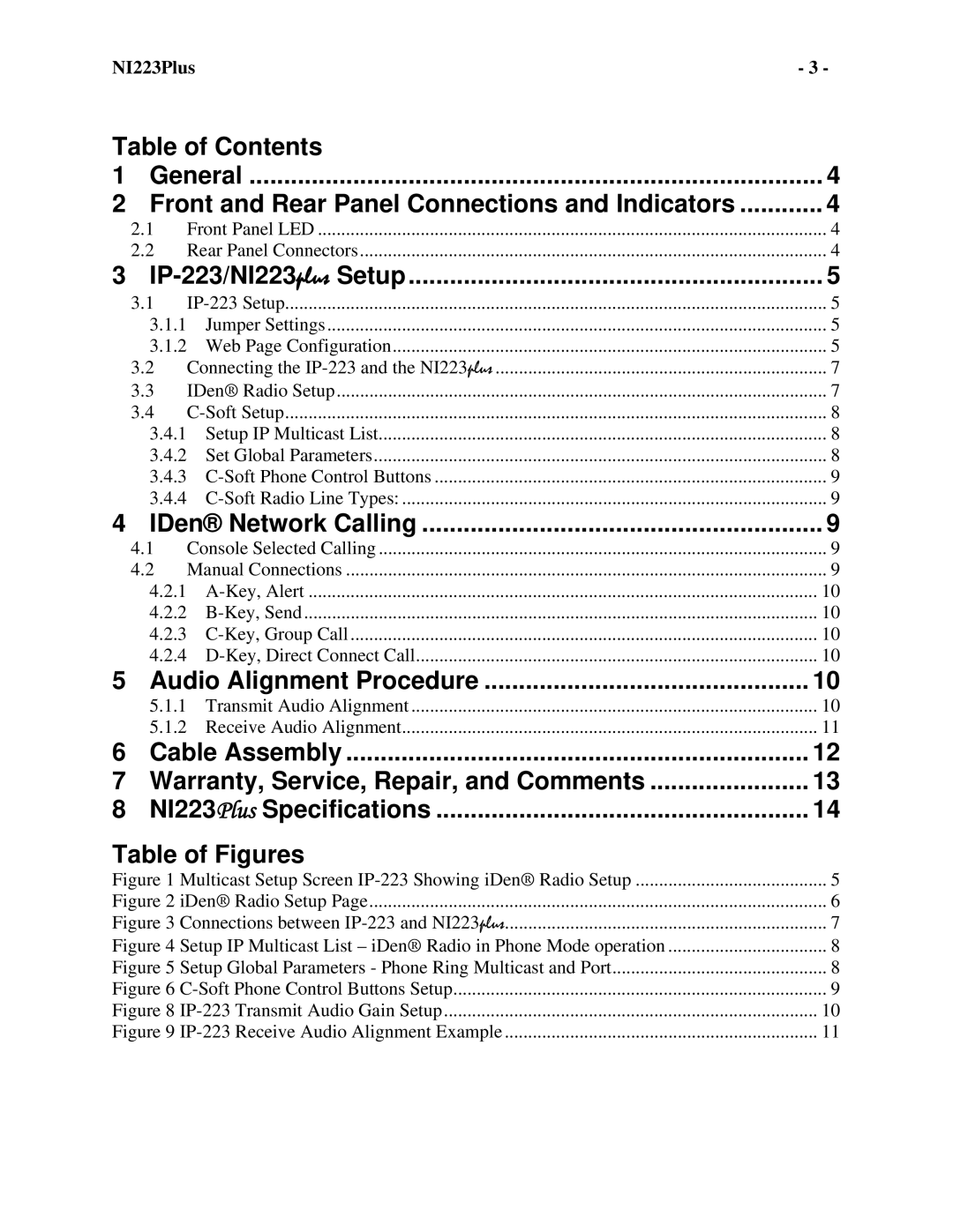 Telex NI-223 Plus technical manual Table of Contents, Audio Alignment Procedure 