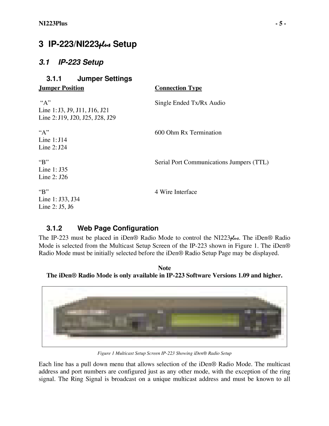 Telex NI-223 Plus technical manual IP-223/NI223plusSetup, IP-223 Setup, Jumper Settings, Web Page Configuration 