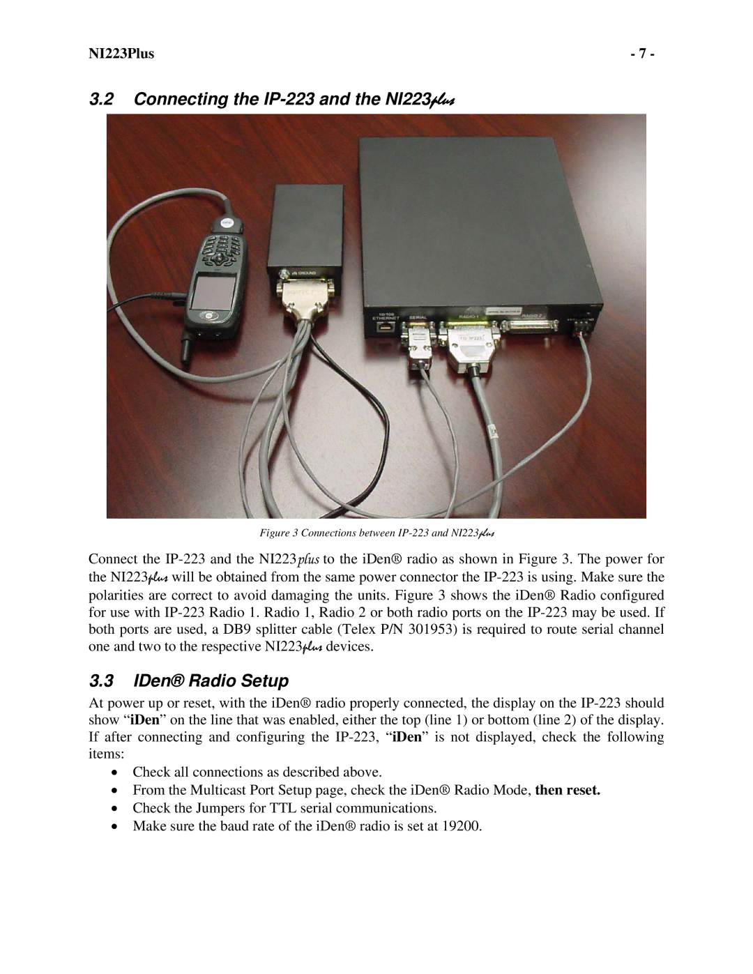 Telex NI-223 Plus technical manual Connecting the IP-223 and the NI223plus, IDen Radio Setup 