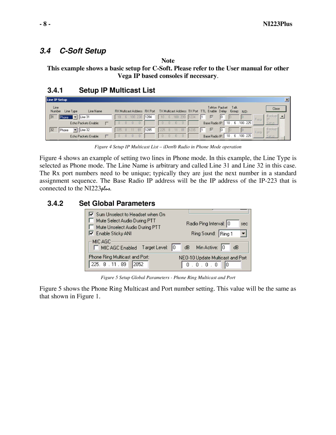 Telex NI-223 Plus technical manual Soft Setup, Setup IP Multicast List, Set Global Parameters 