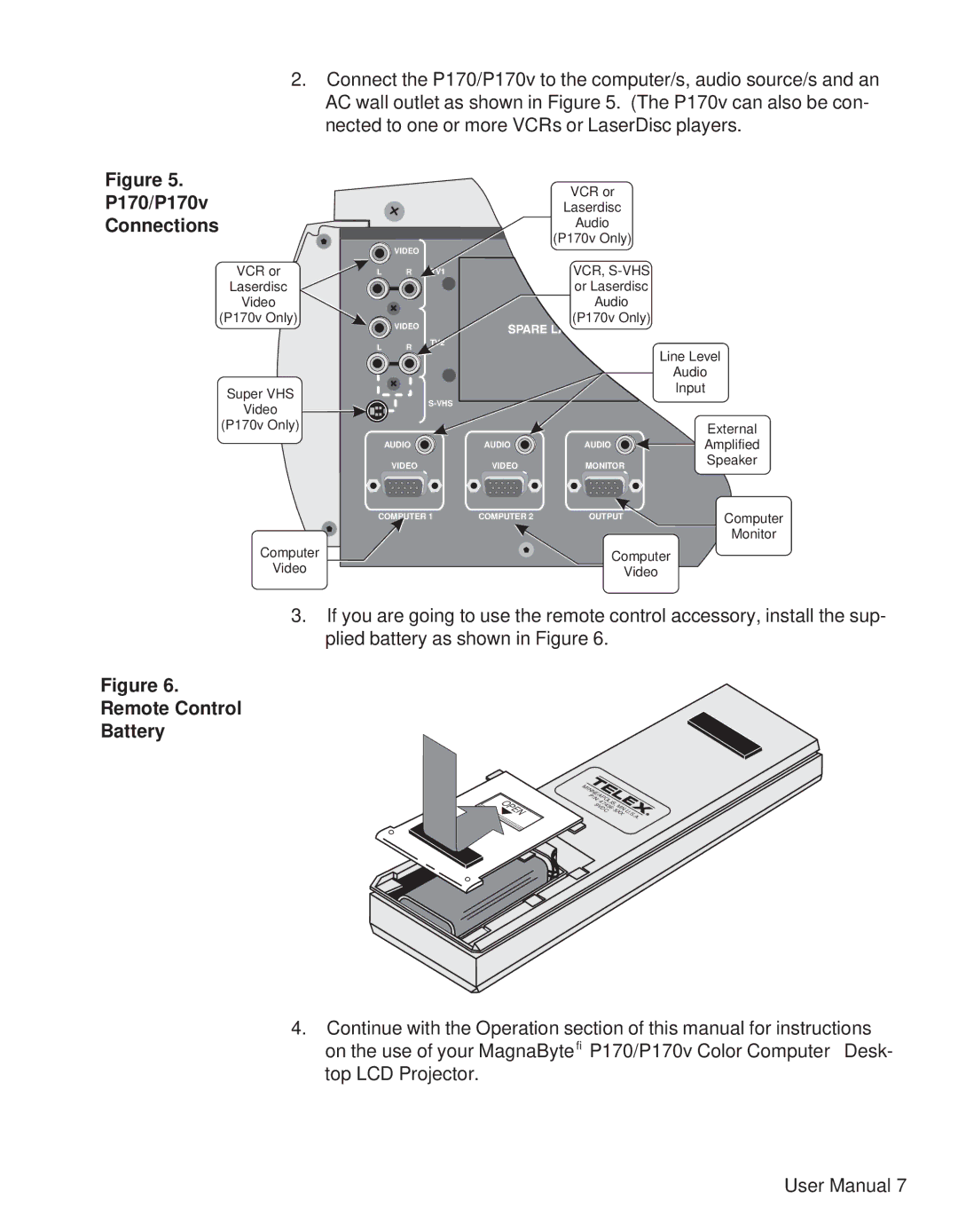 Telex user manual P170/P170v Connections, Remote Control Battery 