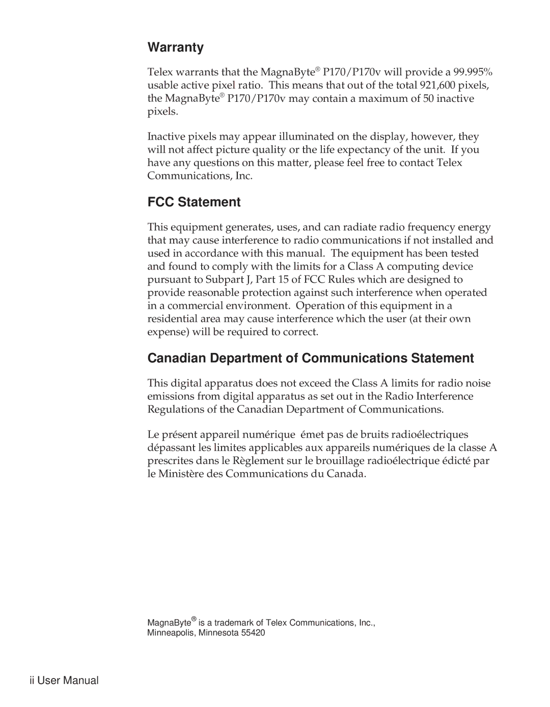 Telex P170 user manual Warranty, FCC Statement, Canadian Department of Communications Statement 