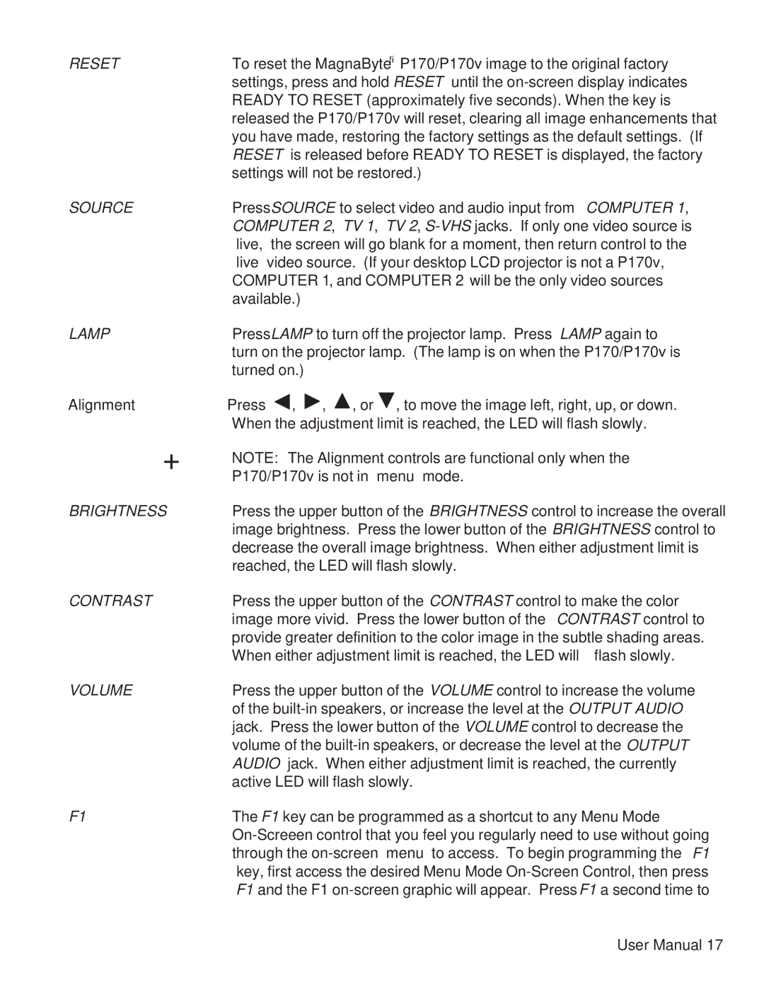 Telex P170 user manual Reset 